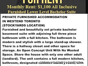 Bachelor apartment for rent in TORONTO